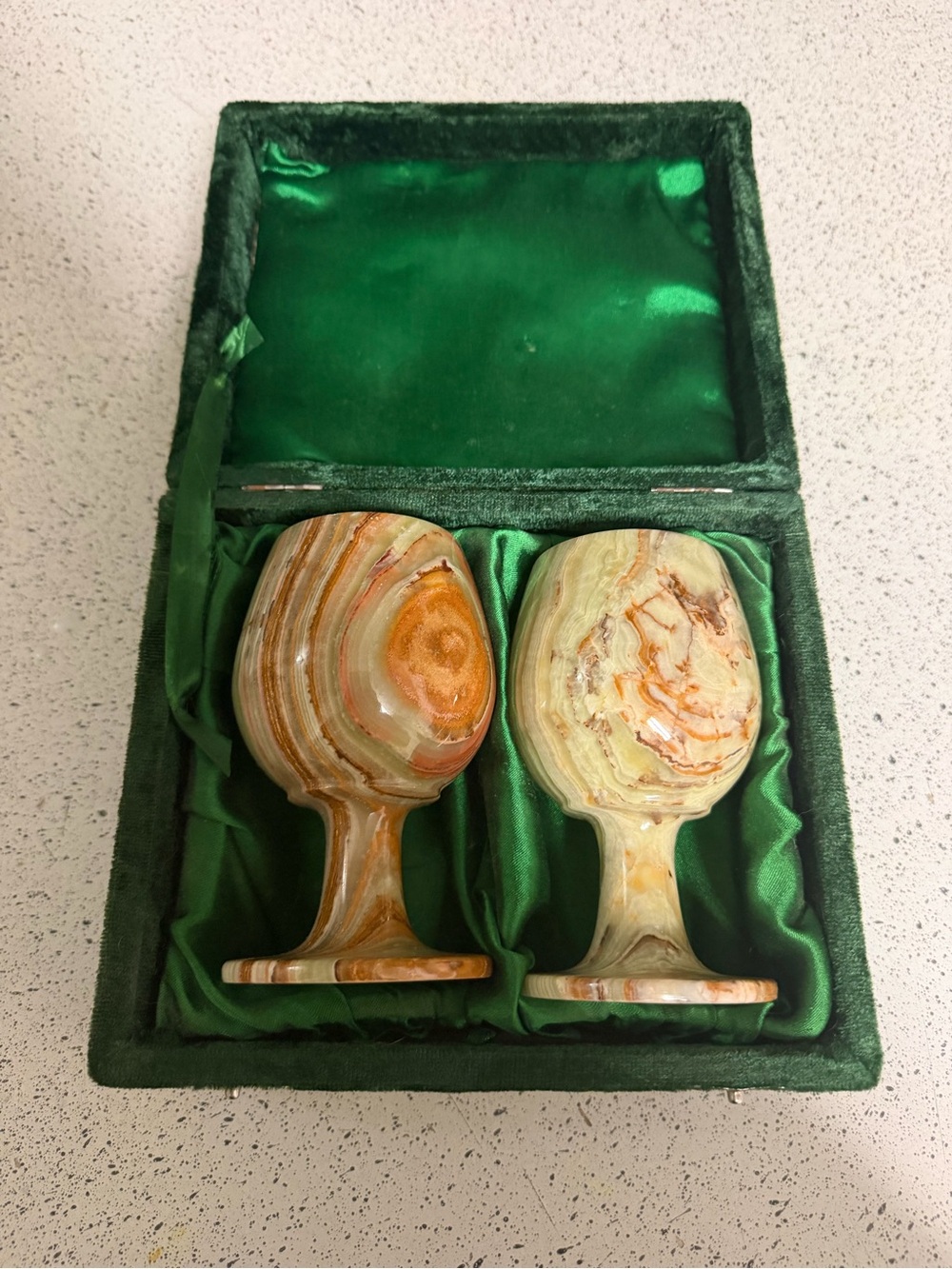 Vintage Onyx Marble Stone Wine Water Goblets in Green Satin Lined Case